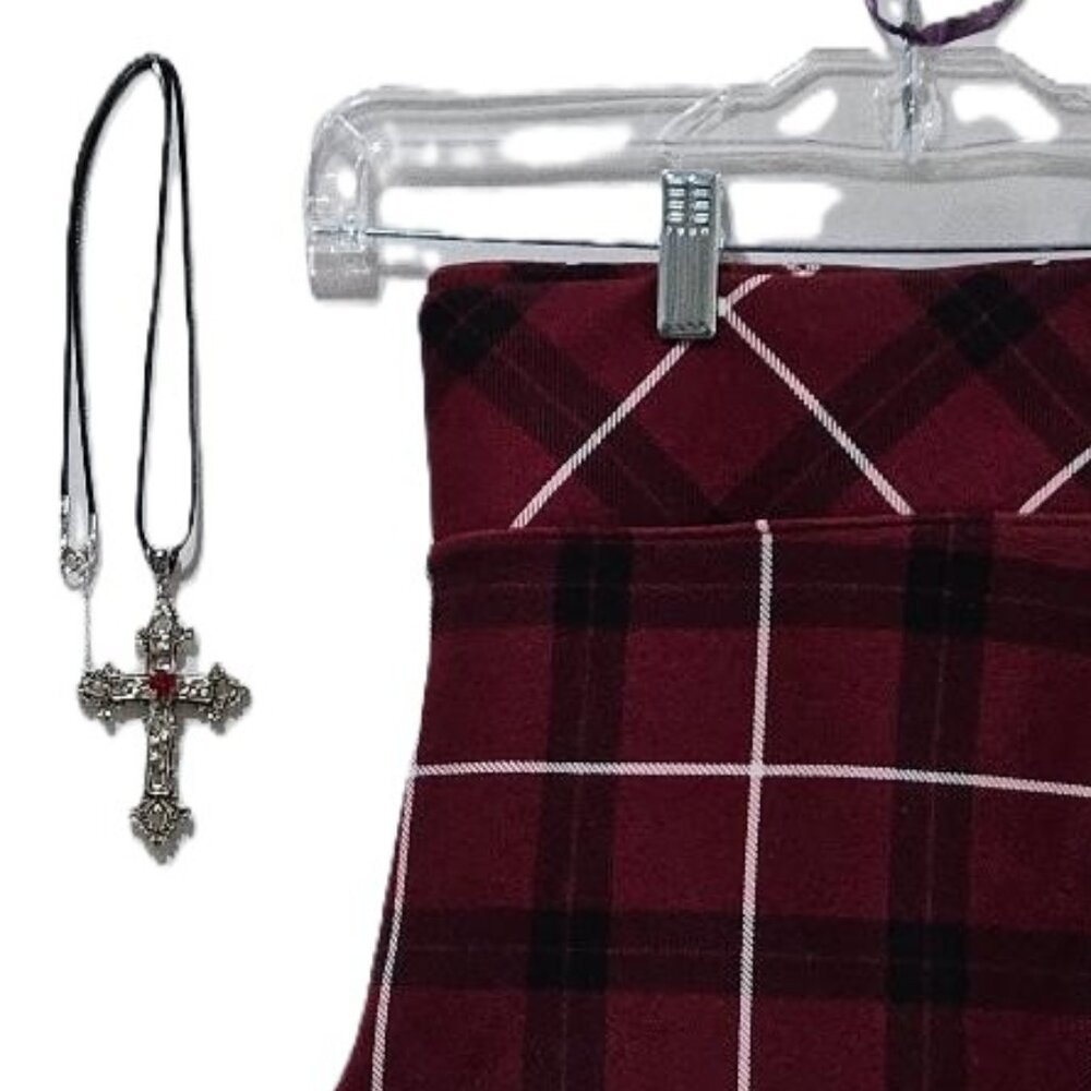 TORRID BURGUNDY RED WHITE BLACK PLAID PONTE KNIT SKINNY PANT 3R  GOTH GRUNGE - Picture 2 of 7